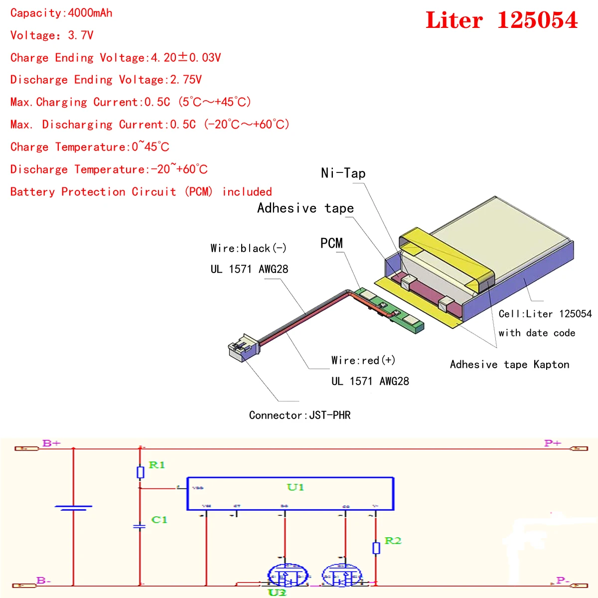 JST XHR 2.0mm 2pin 3.7V 4000mah 125054 litowo-polimerowa LiPo akumulator do Mp3 Mp4 Mp5 DIY