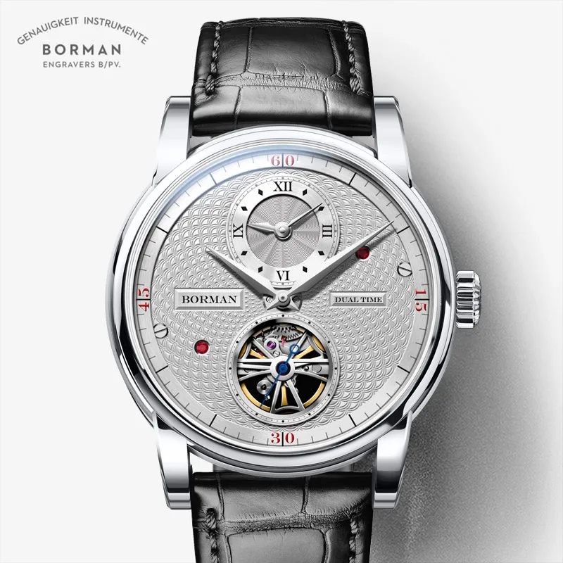 BORMAN automatic men watch luxury brand mechanical self wind wrist watches leather band dress relogio masculino dual time zone