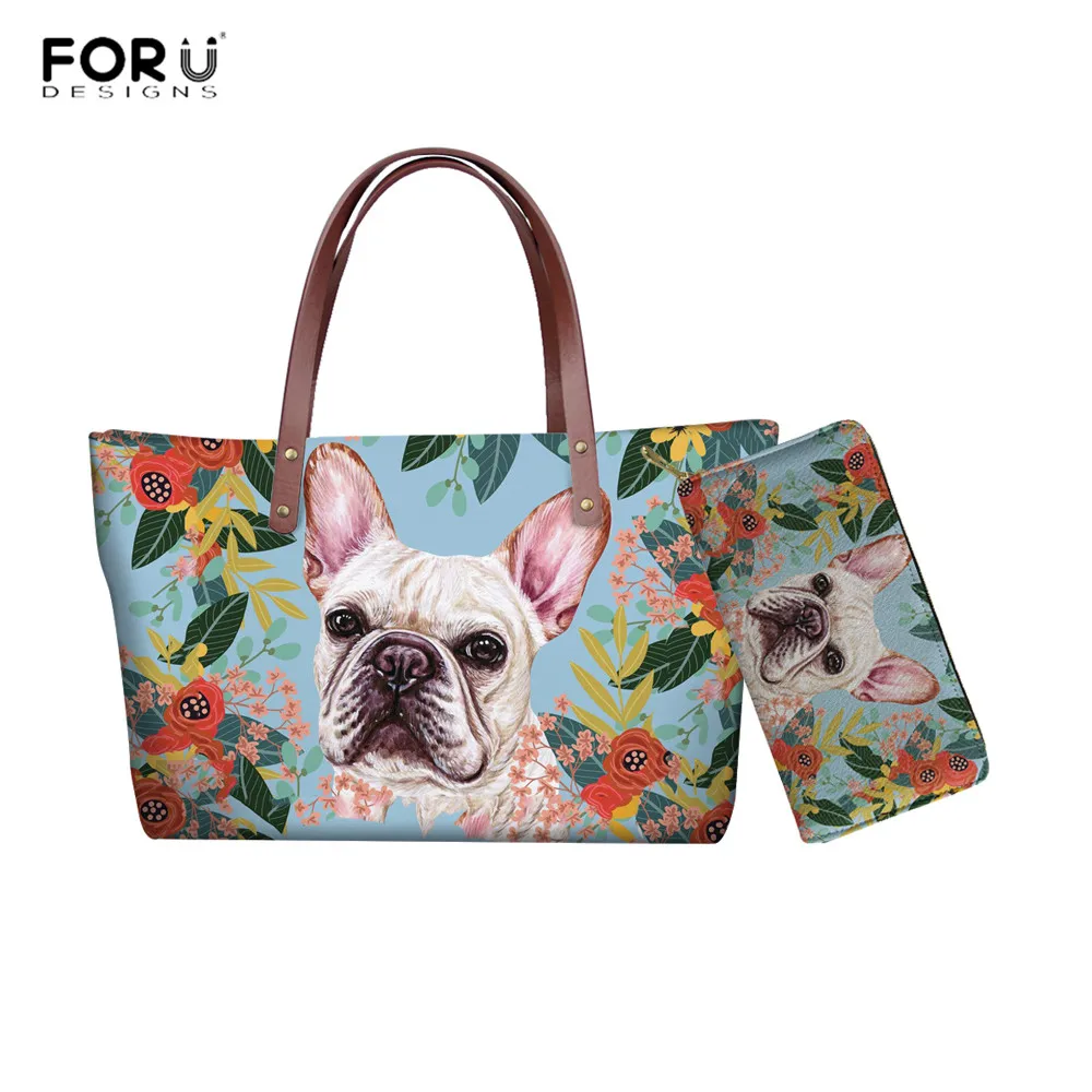 

FORUDESIGNS Women Neoprene Handbags Joyful French Bull Dog Print Shoulder Bag Lady Tote Large Capacity Zipper Top-handle Bag