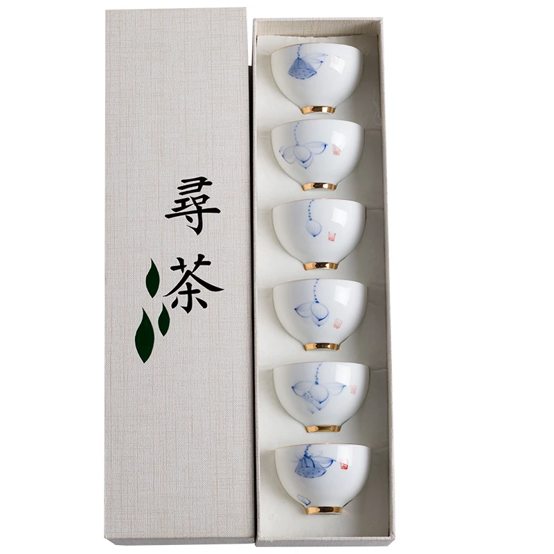 

Kung Fu Tea Teacup Set Hand-Painted Ceramic Bamboo Hat Tea Set 6 PCs 10 White Porcelain Blue and White Porcelain Small Tea Bowl