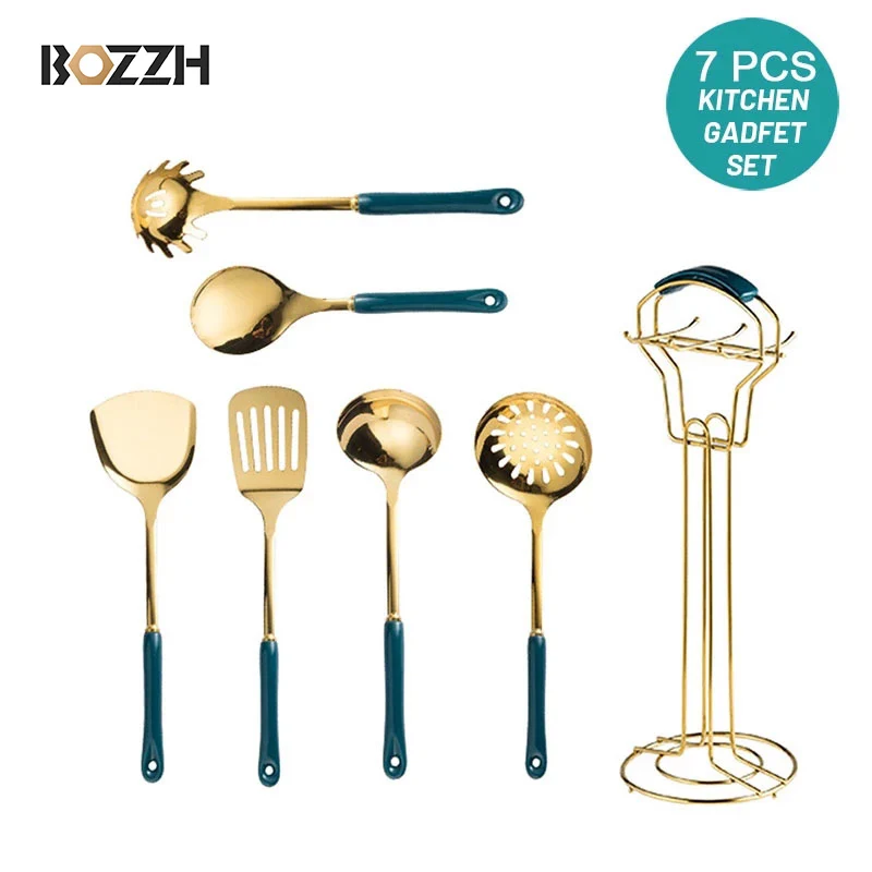 

BOZZH 7Pcs Cookware Kitchenware Set Nordic Style Stainless Steel Ceramic Handle Luxury Cooking Utensils Special Tool Spoon