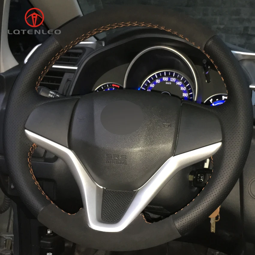 LQTENLEO Black Leather Suede DIY Car Steering Wheel Cover for Honda Fit City Jazz 2014-2019 HR-V HRV 2016-2019 Vezel 2015-2017