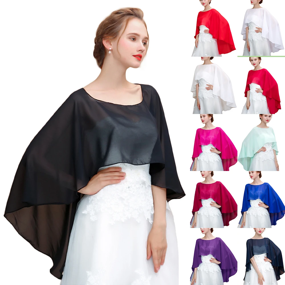 Women Wedding Cape Soft Lightweight Black Chiffon Bridal Shawl High Low Long Formal Wrap Red Evening Capes White Navy Blue Ivory