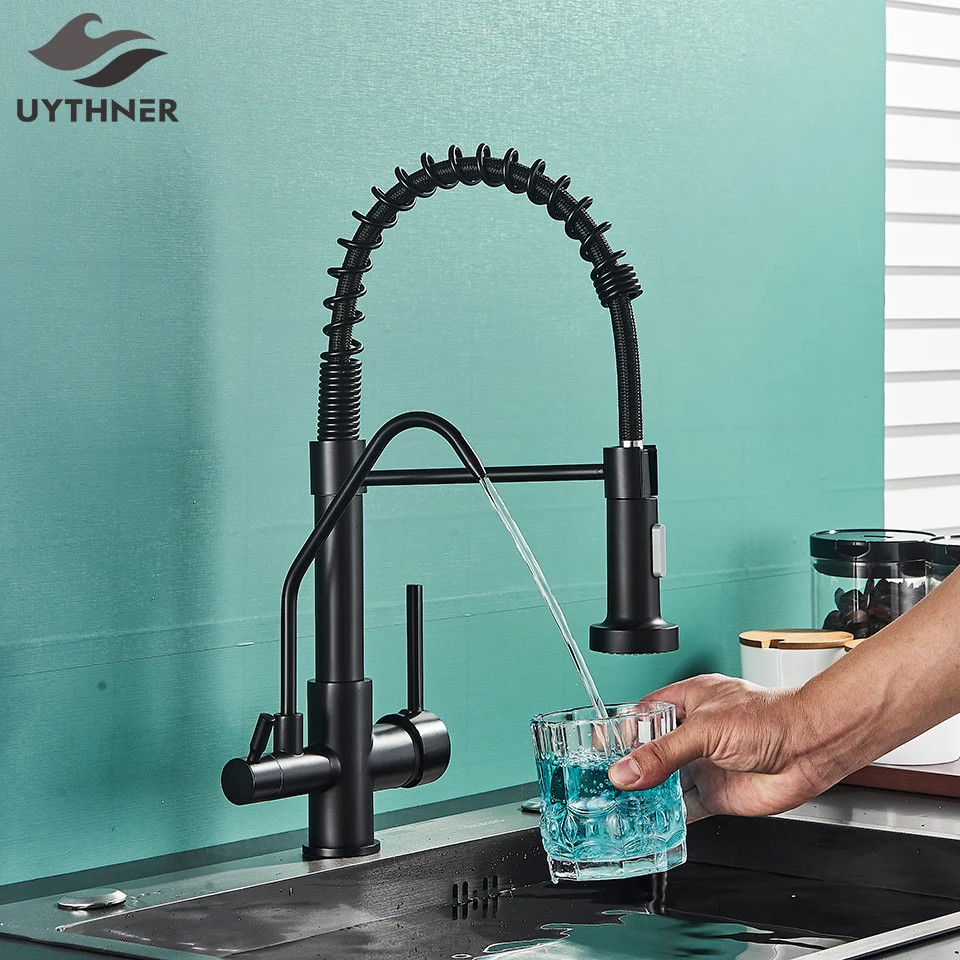 Black Waterfilter Taps Kitchen Faucets Dual Handle Deck Mounted Mixer Tap 360 Degree Rotation Water Purification Feature Crane