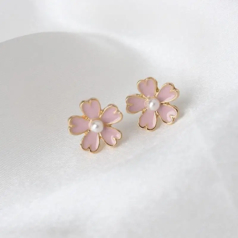 Japanese Fresh Literary Earrings Pink Flower Imitation Pearl Earrings Simple Trend All-match Earrings Female Jewelry Accessories
