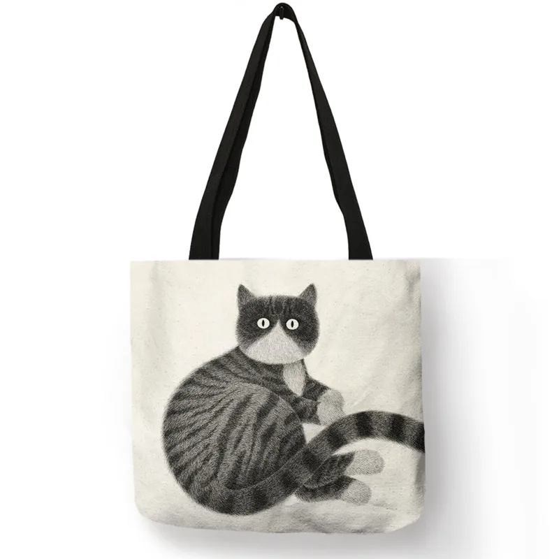 Fashion Shopping Bags for Groceries Supermarket Eco Tote Bag Black White Cat Art Painting Handbag Shoulder Bag for Women Ladies