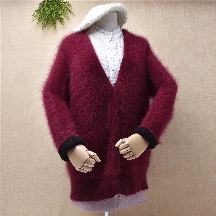 Ladies woman clothes winter deep v-neck mink cashmere loose cardigans angora rabbit fur knitwear long sleeves jacket coat mantle