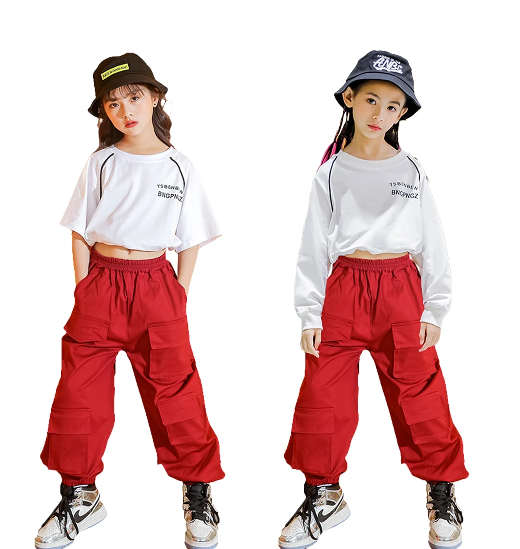 

Lolanta Girls White Long Sleeve Crop Top Or Red Jopping Pants Hip Hop Stree Dance Performance Clothes Casual Wear