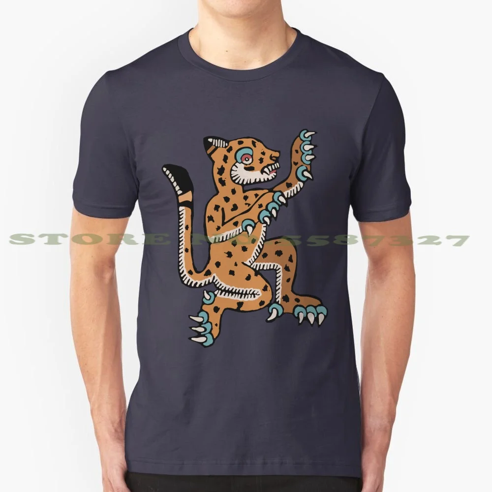 Ocelot 100% Pure Cotton T-Shirt Ocelot Mezzo America Aztec Mexico Inca Historical Drawing Warrior Cat South Turquoise Animal