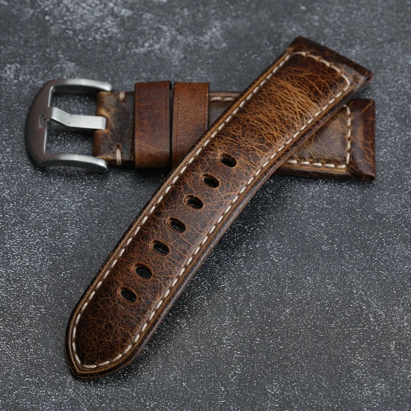 Hand-Made Leather Watchband Suitable For PAM111 441 Italian Top Layer Leather Strap, Oil Wax Leather 20 22 24 26MM Male Strap