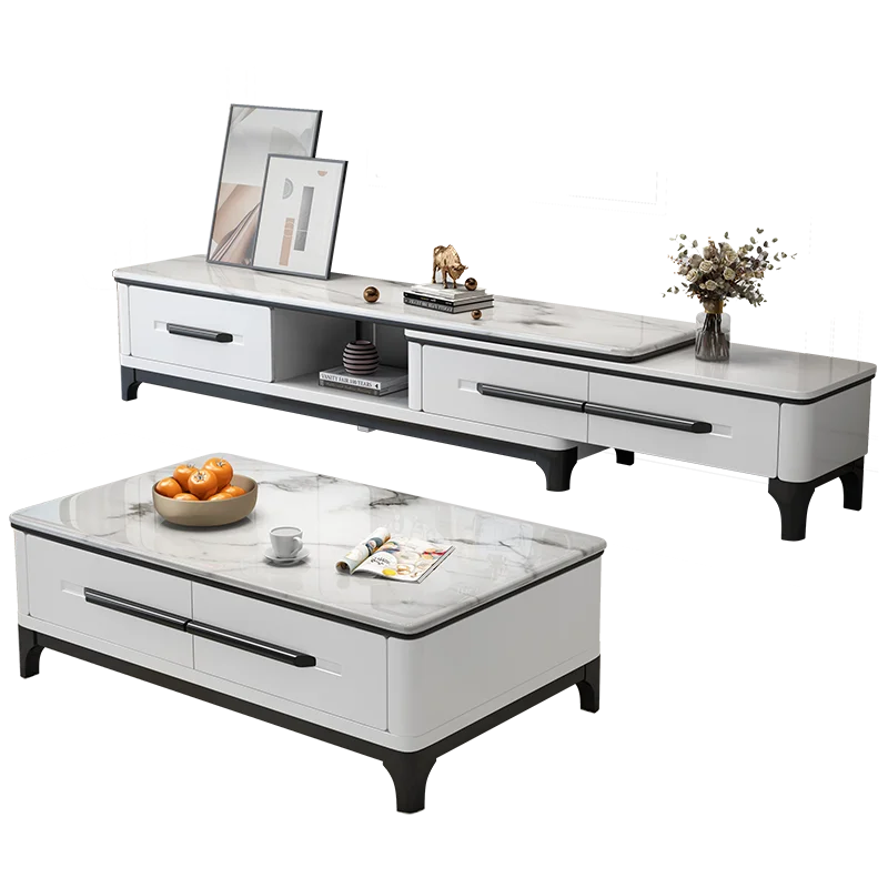 

Modern marble coffee table TV cabinet combination small family living room solid wood tea table