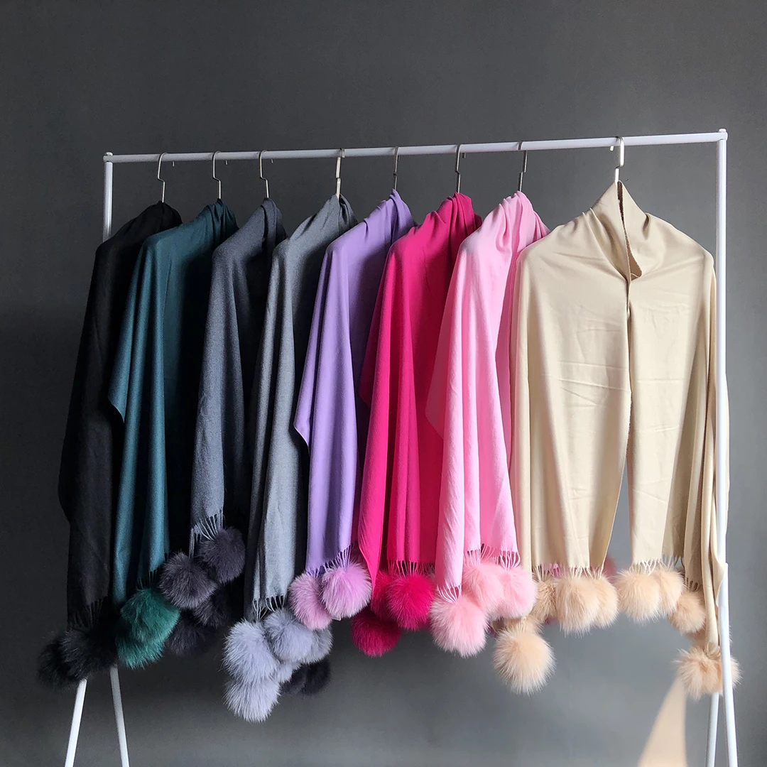 

2021 Knit Shawl Scarf Women Soft Warm Luxury Cashmere Capes And Ponchos With Fox Fur Pom Pom Autumn Winter female scarf