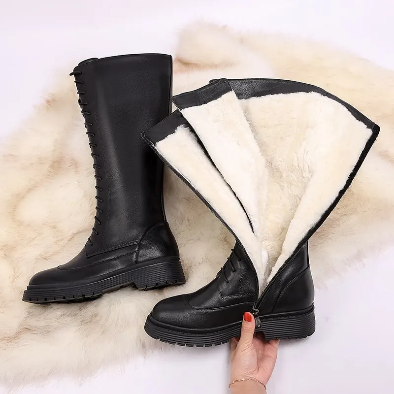 MORAZORA 2024 New Genuine leather boots women shoes lace up warm winter boots nature sheep wool mid calf boots ladies botas