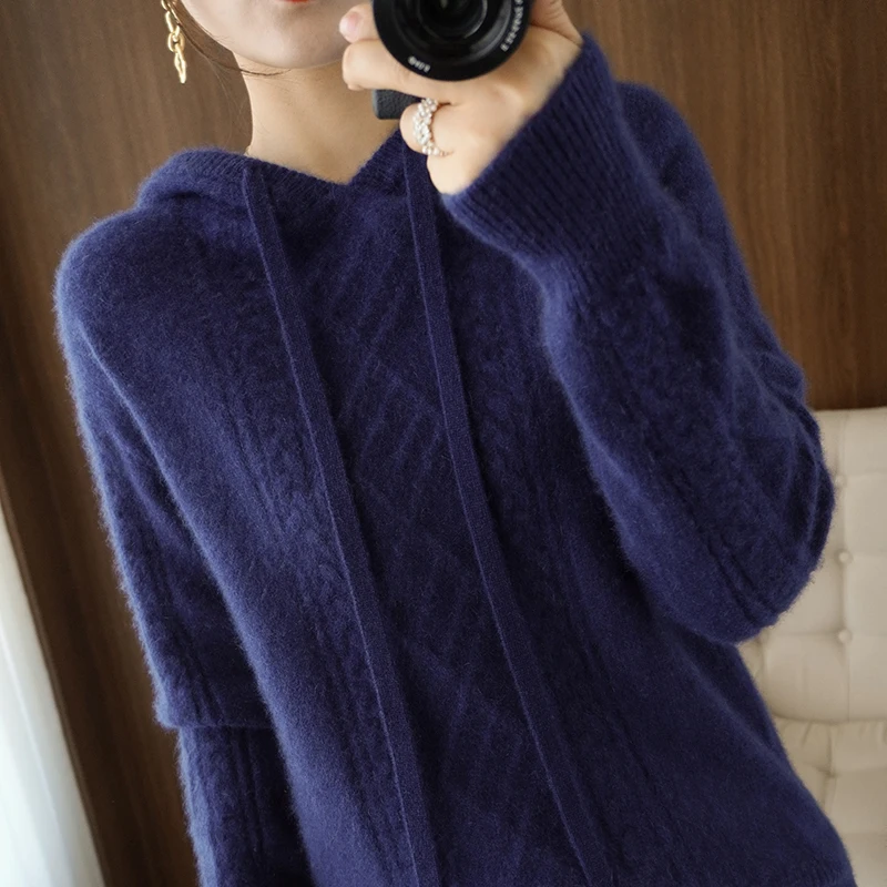 Hot sale new style  cashmere wool ladies hooded sweater loose high-end long-sleeved knitted solid color wool pullover winter