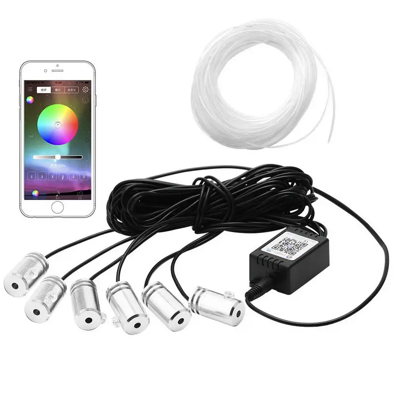 6 in 1 RGB LED Car Interior Fiber optic Dash Board Door Atmosphere Light Smart phone controlled Lighting source+Side glow cable