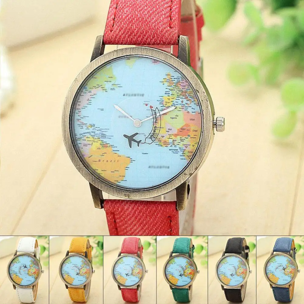 Hot Denim Band Vliegtuig Wereldkaart Dial Analoge Quartz Fashion Mannen Vrouwen Polshorloge Gift