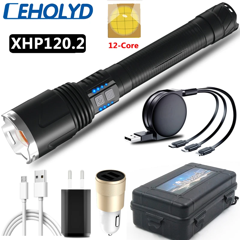 

XHP120.2 12-жильная самый яркий светодиодный фонарик Powerbank Функция фонарь Usb Перезаряжаемые 18650 26650 Батарея зум Фонари
