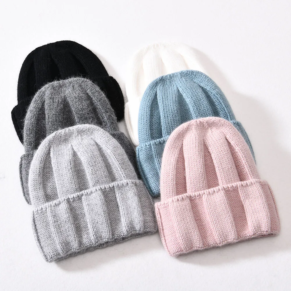 Jxwatcher 2024 Winter Hat Solid Color Soft Beanies Women Warm Wool Hat Ladies Striped Cuffed Cashmere Knitted Skullies Beanies