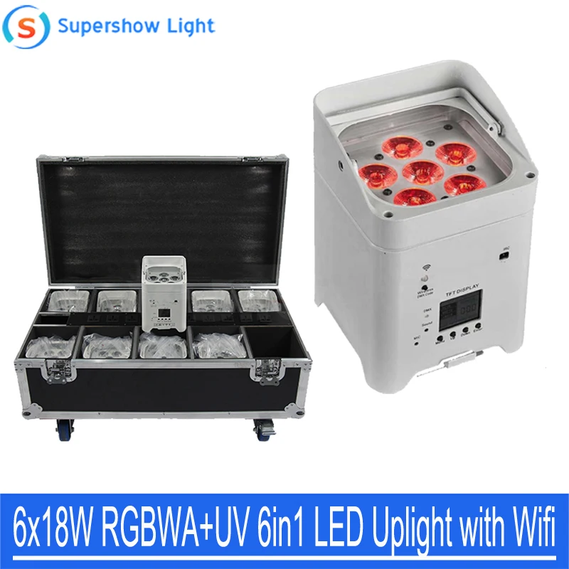 

LED Battery Uplight Wireless DMX IR Remote Phone APP Wifi Control 6X18W RGBWA+UV 6in1 with Charging Flight Case