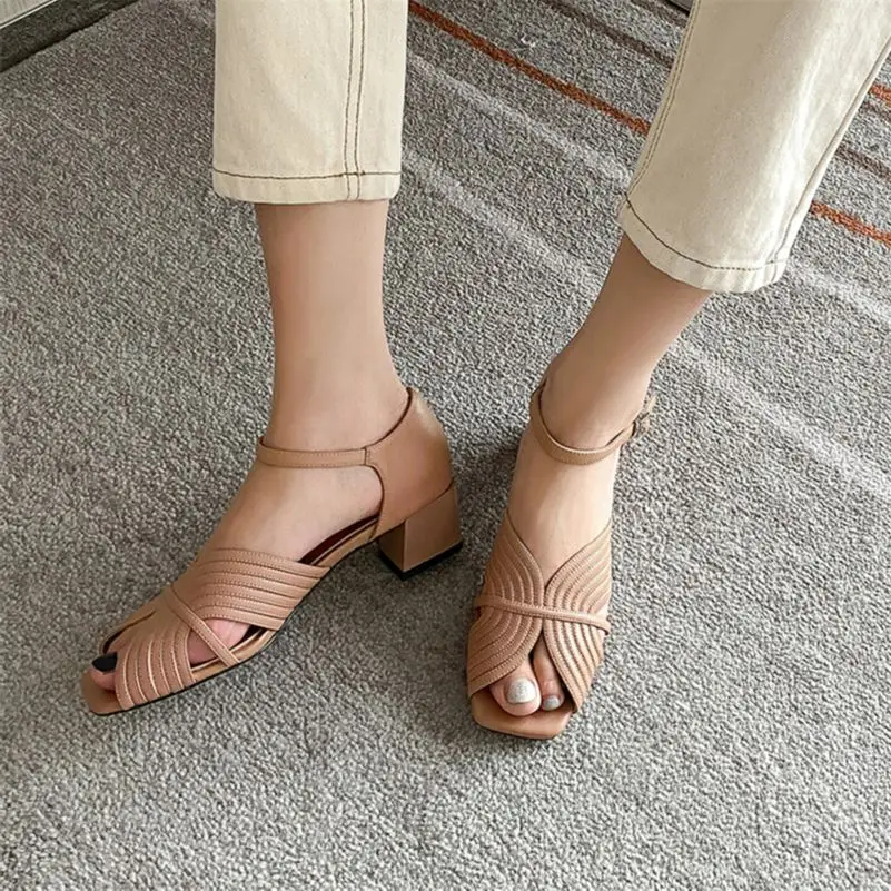 Meotina Sandals Shoes Women Genuine Leather Ankle Strap Shoes Med Thick Heel Sandals Square Toe Cow Leather Lady Sandals Summer