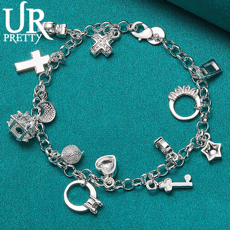 

URPRETTY 925 Sterling Silver Star Cross Ring Love Heart Chain Bracelet For Women Wedding Party Engagement Charm Jewelry