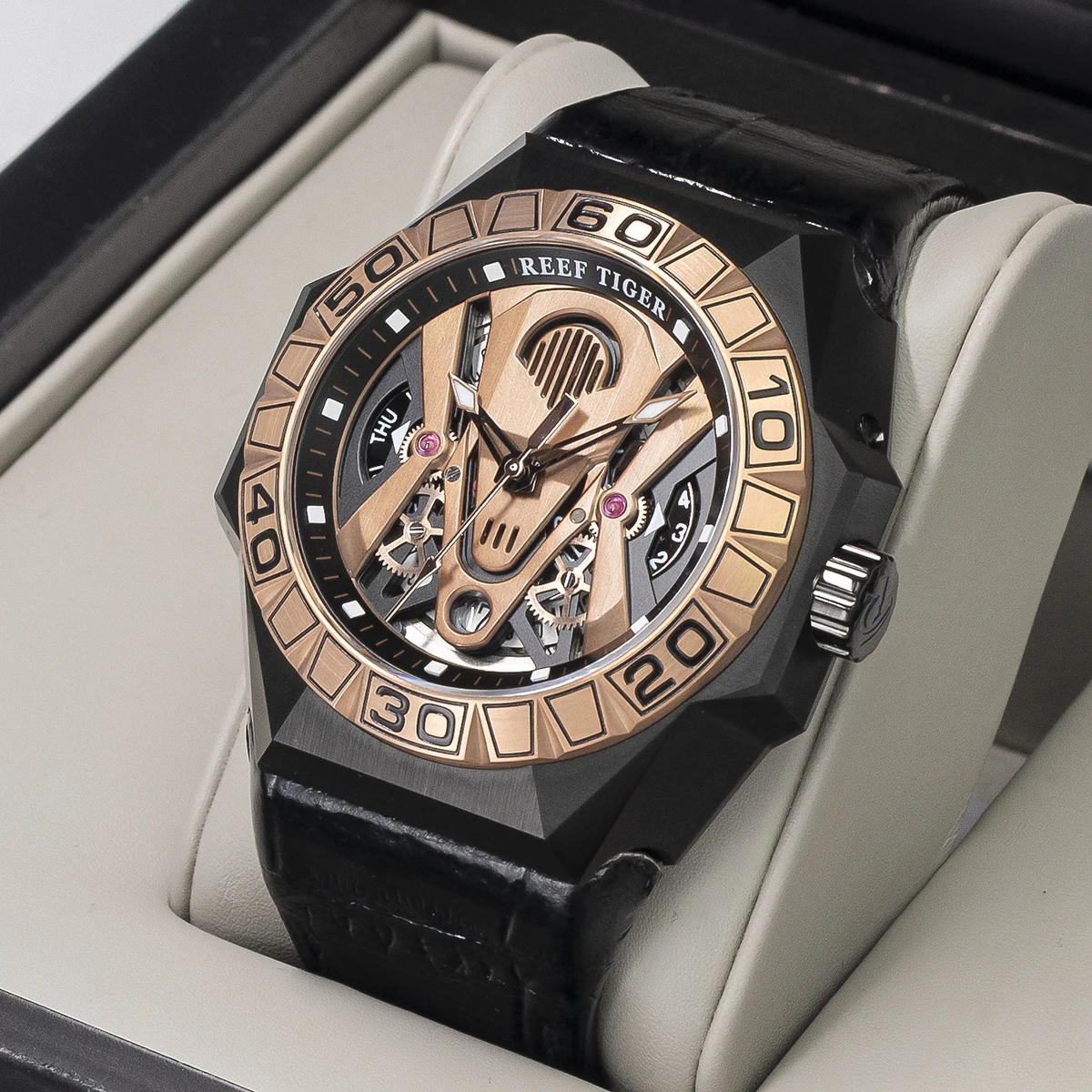 

Reef Tiger/RT Men Sport Watches Automatic Mechanical Skeleton Watch Rose Gold Waterproof Leather Strap Relogio Masculino RGA6912