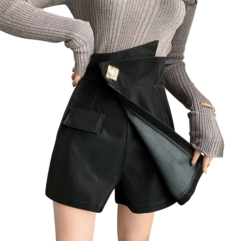 QOERLIN S-XL Skirt Shorts High Waist Irregular Wide Leg Shorts Female Solid Pocket Fake Skirts Black Zipper Skirts Shorts