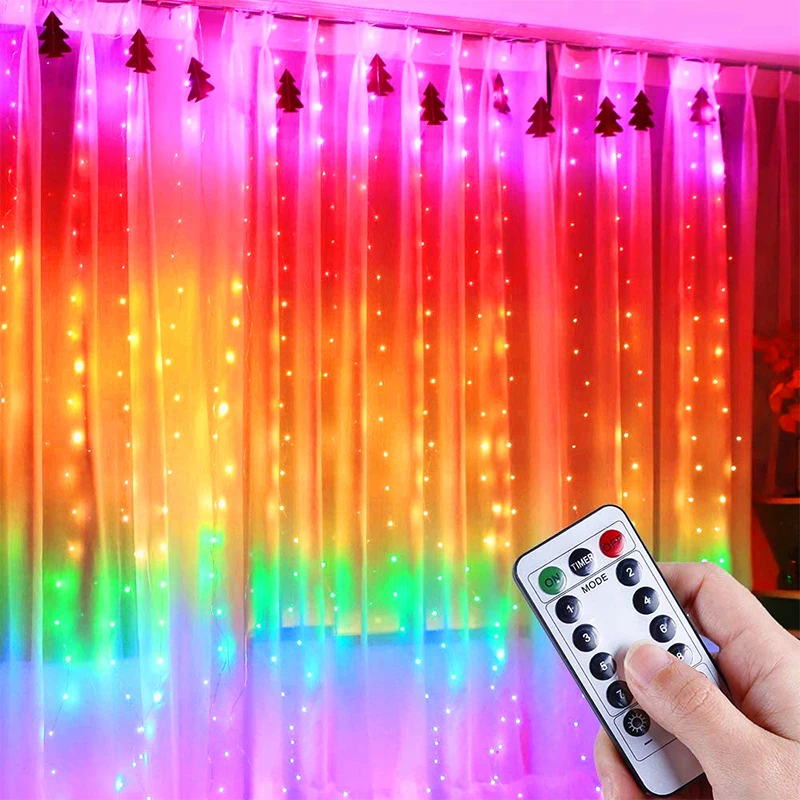 Rainbow Remote Flash LED String Curtain Garland Fairy Icicle Lights for Christmas Party Wedding Home Garden Bedroom Decoration