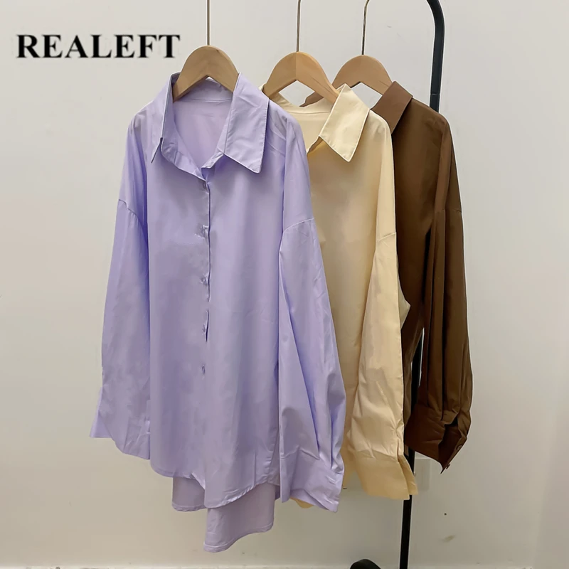 REALEFT 2021 New Cotton Oversized Women's Blouse White Single Breated Long Sleeve Tops Female Casual Loose Blouse Shirts Lady