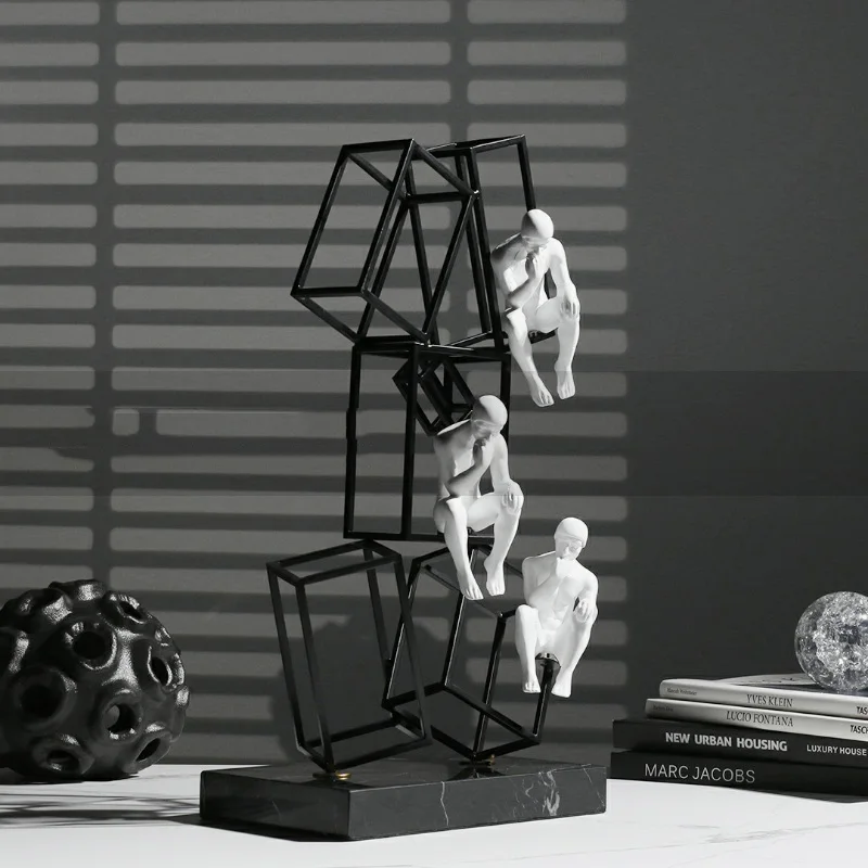 Modern Geometric  Black Paint Wrought Iron Frame Ornaments Home Room Tv Cabinet Sculpture Crafts Thinker Statue With Marble Base