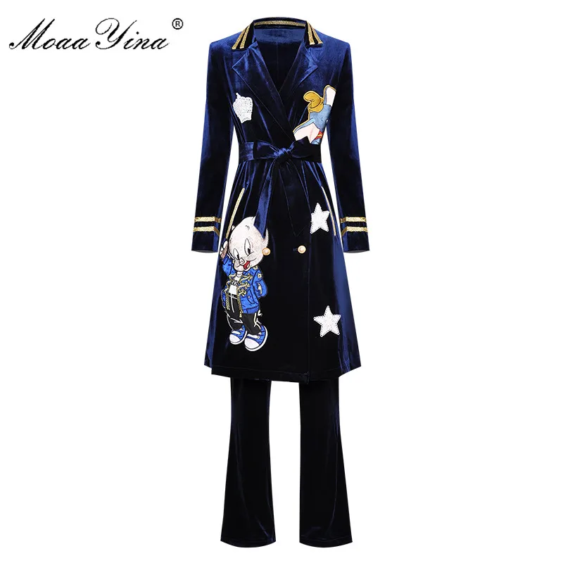 MoaaYina Fashion Designer Set Spring Summer Women Long sleeve Cartoon Embroidery Windbreaker Coat+Trousers Velvet Two-piece set
