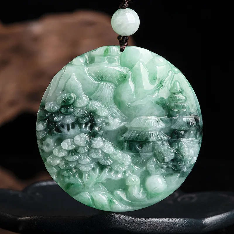 Hot Selling New Natural Jade Landscape  Ice Pendant Charm Jewellery Hand-Carved Necklace for Women Men Fashion Accessories