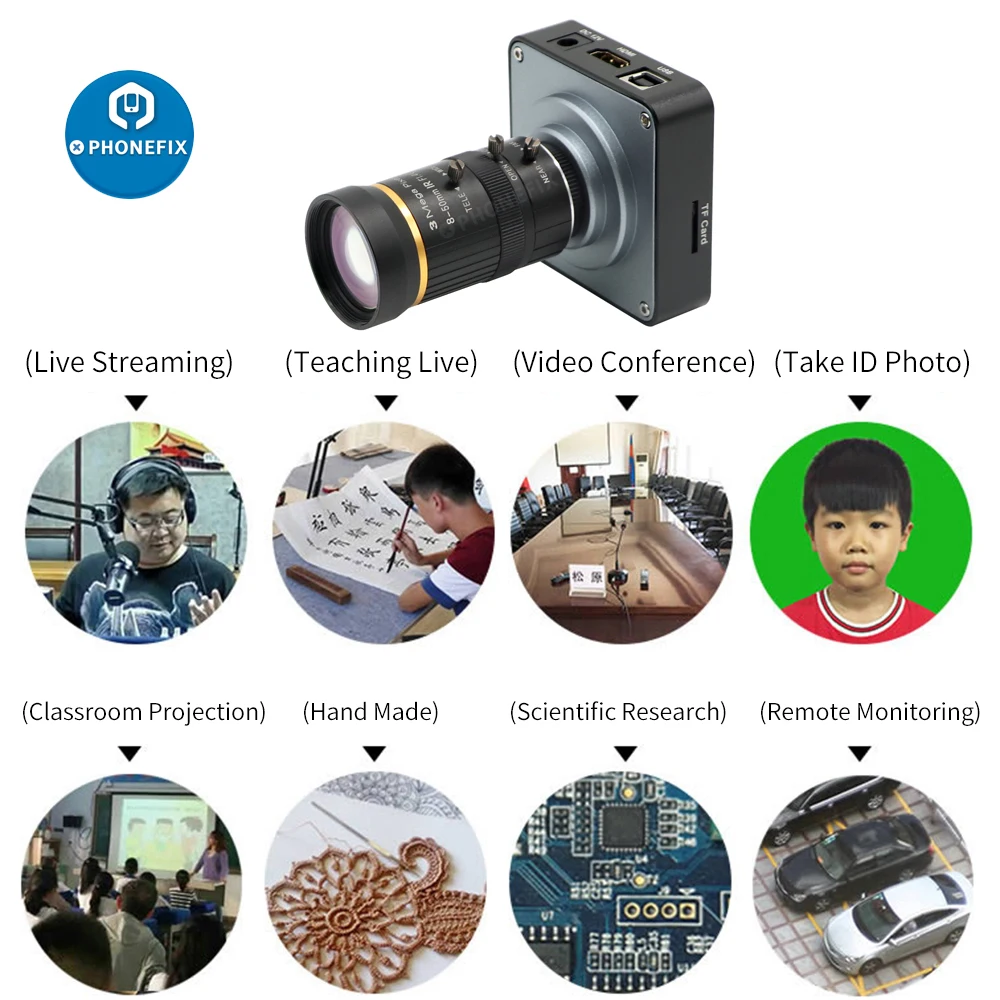 38mp FHD Video USB Industrial Microscope Camera 5-50mm F1.4 Big Visual Fixed Focus Zoom Lens For Phone PCB SMD Soldering Repair