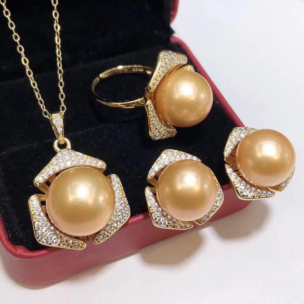 D525 Pearl Set Fine Jewelry 925 Sterling Silver Round 12-14mm Nature Fresh Water Edison Golden Pearls Jewelry Sets