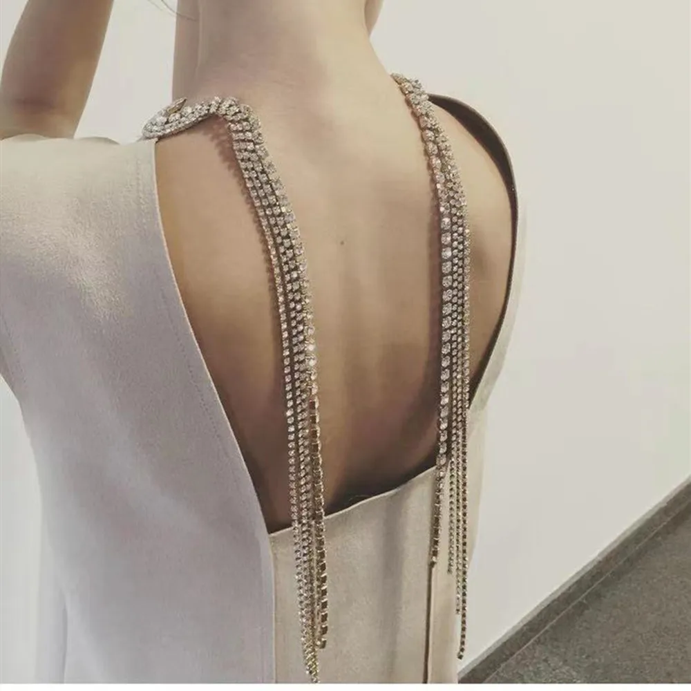 2021 Rhinestone Long Tassel Back Chain Necklace Body Jewelry for Women Sexy Crystal Irregular Open Large Choker Collar Necklace