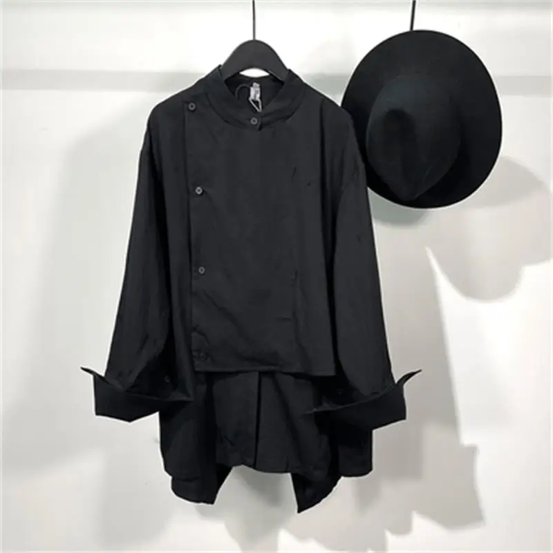 Men's Long Sleeve Shirt Spring And Autumn New Dark Collar Korean Style Loose Irregular Asymmetrical Design Undershirt