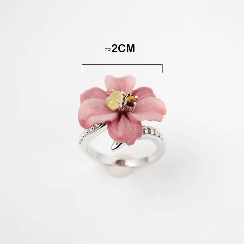 MIQIAO Natural Stone Ring Tigereye Fluorite Adjustable Big Flower 925 Sterling Silver Jewellery For Women Accessories Female