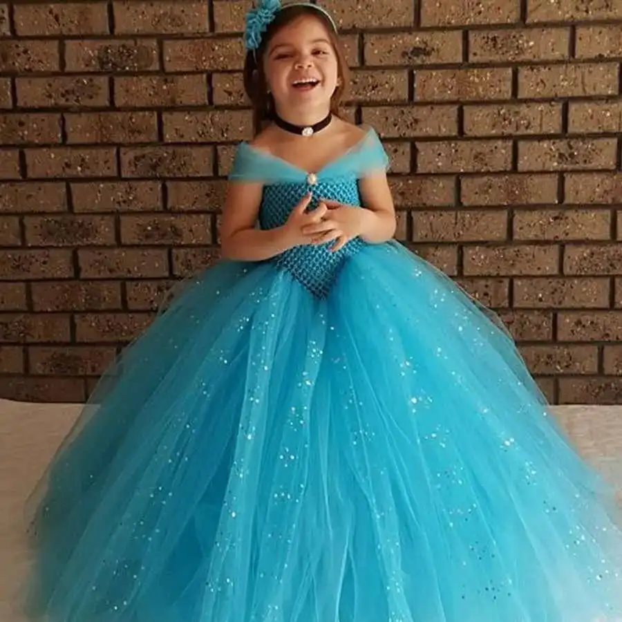 Baby Girls Glitter Blue Princess Tutu Dress Kids Crochet Tulle  Dress Ball Gown with Hairbow Children Birthday Party Dresses