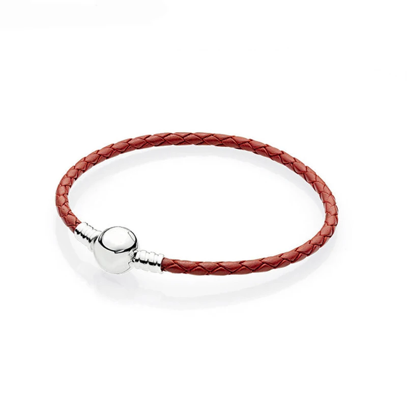 

Chinese Red Color Leather Bracelet Silver 925 Signature Round Clasp Jewelry Braided Rope Chain Bracelets for Women Lucky Sign