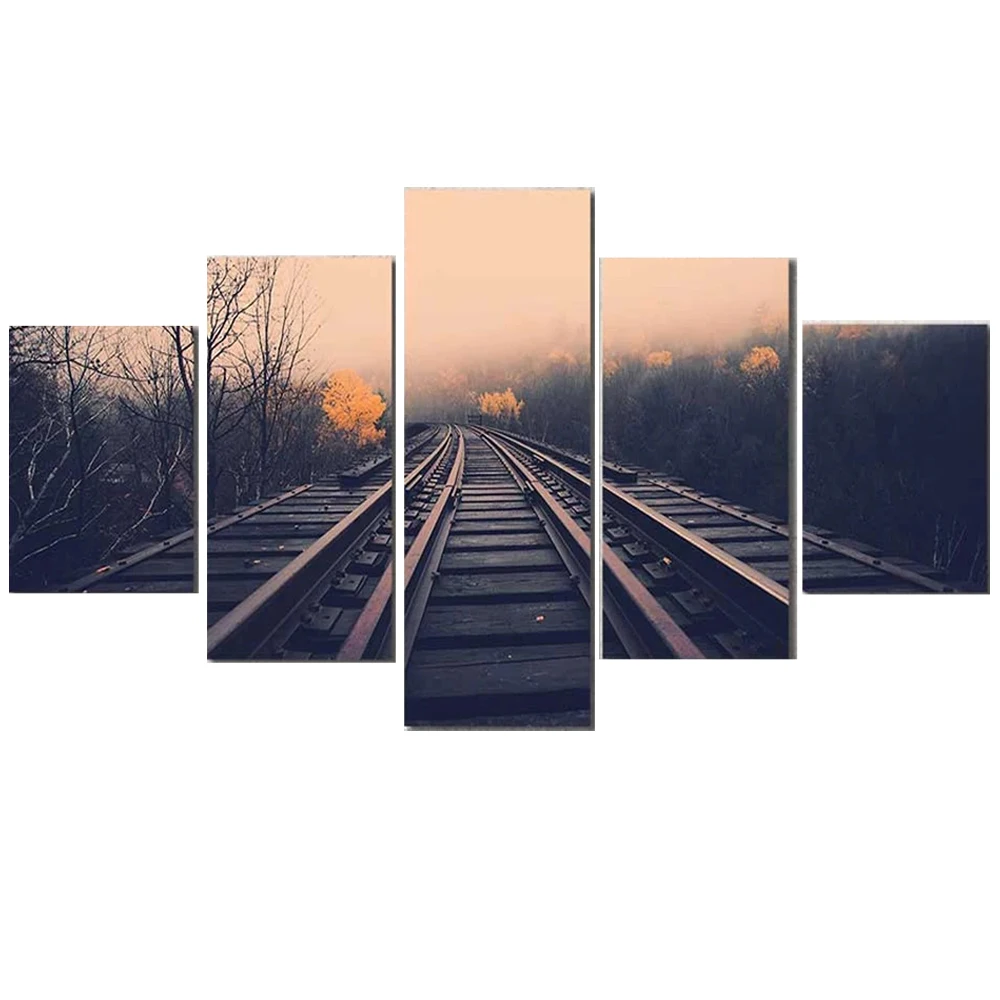 5 Pieces Wall Art Canvas Painting Landscape Poster Train Railroad Tracks Modern Living Room Home Modular Pictures Decoration