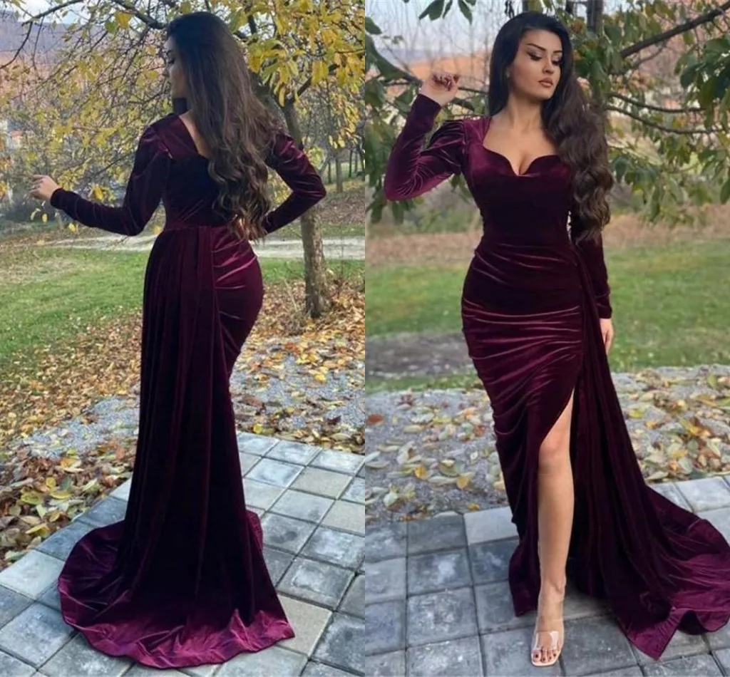 Arabisch Purple Mermaid Avondjurk Lange Mouwen Split Marokko Kaftan Zachte Fluwelen Prom Partij Jassen Vestidos De Fiesta