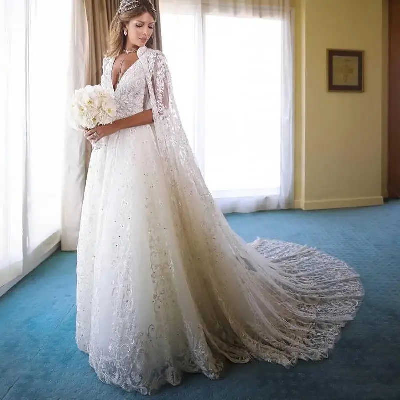 Royalty Queen Vintage A Line Wedding Dress For Bride With Cape Wrap 2022 Lace Bodice Princess Country Bridal Gown Court Train