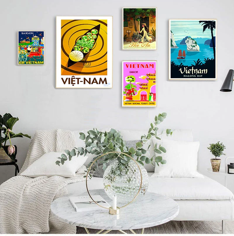 Vietnam Water Market Hoi an Yellow City Travel Canvas Paintings Vintage Wall Kraft Posters Coated Wall Stickers Home Decor Gift