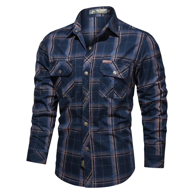 Men\'s Spring Plaid Cotton Military Shirts Male Autumn Casual Long Sleeve Shirt Camisa Masculina Flannel Business Dress Shirts