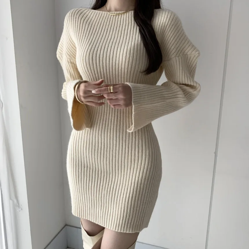 Croysier Women Dresses 2021 Fall Winter Elegant Warm Ribbed Knitted Bodycon Dress Round Neck Long Sleeve Solid Sexy Mini Dress