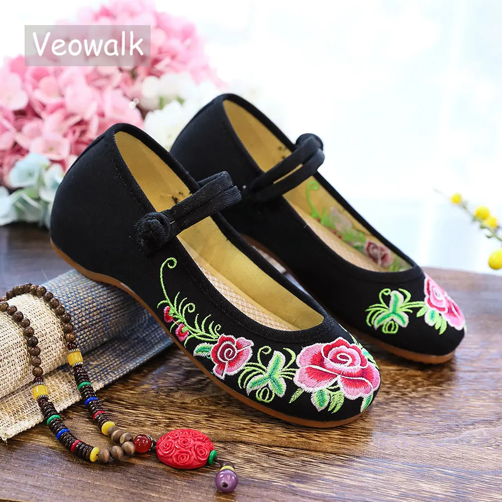 Veowalk Vintage Women Cotton Fabric Ballet Flats Flower Embroidery Canvas Ballerinas Comfortable Casual Walking Shoes for Ladies