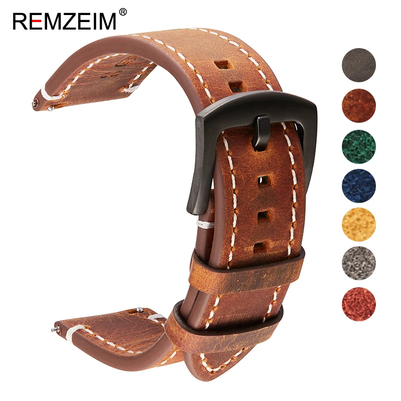 REMZEIM Genuine Leather Watchbands Bracelet Black Blue Gray Brown Cowhide Watch Strap Women Men 18mm 20mm 22mm 24mm Wrist Band