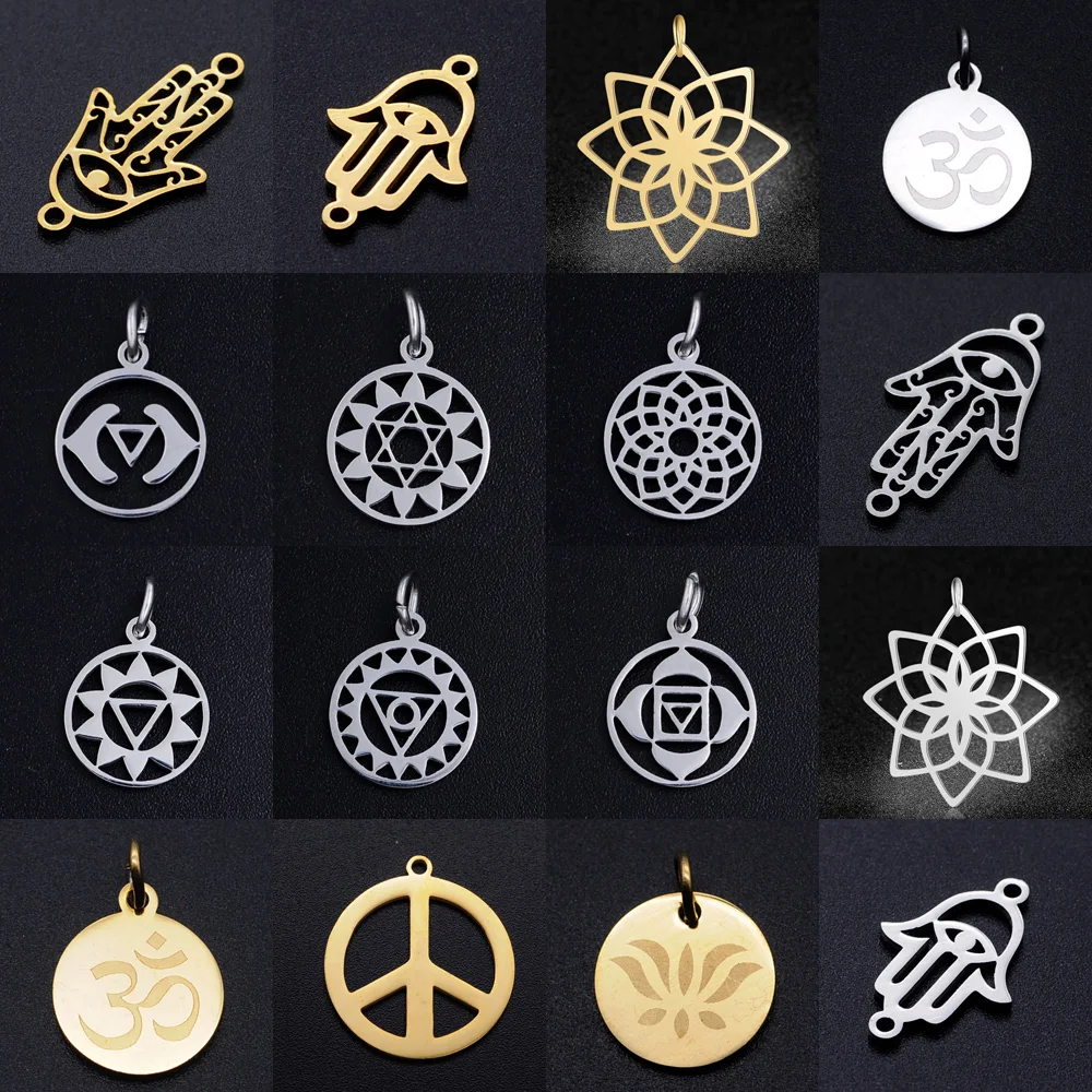 10pcs/lot diy Yoga 7 chakra stainless steel charm pendant wholesale lotus hamsa hand religious jewelry bracelet connector charms