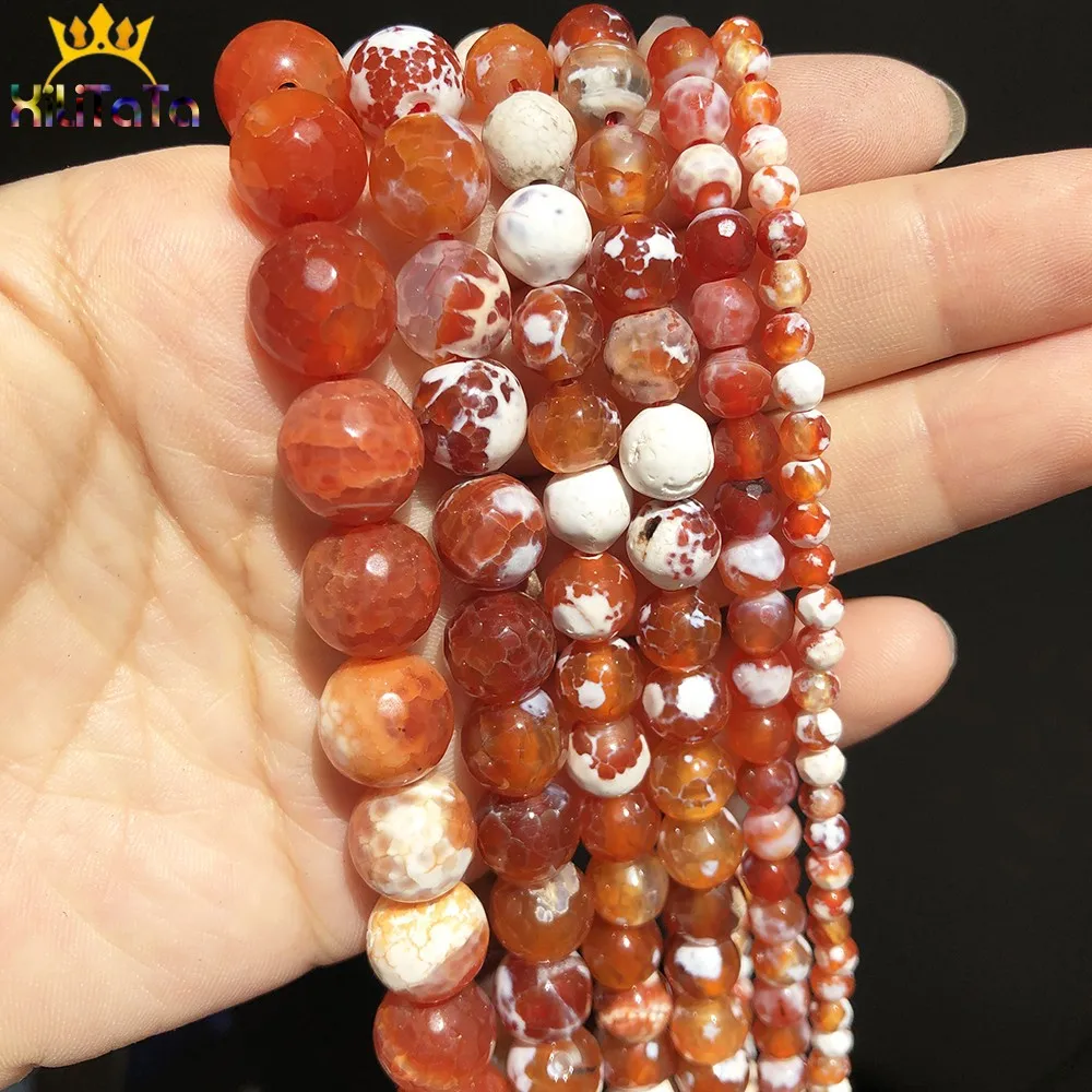 Natural Faceted Fire Agates Stone Beads 4 6 8 10 12mm Loose Spacer Beads For Jewelry DIY Making Bracelet Charms Accessories 15\'\'