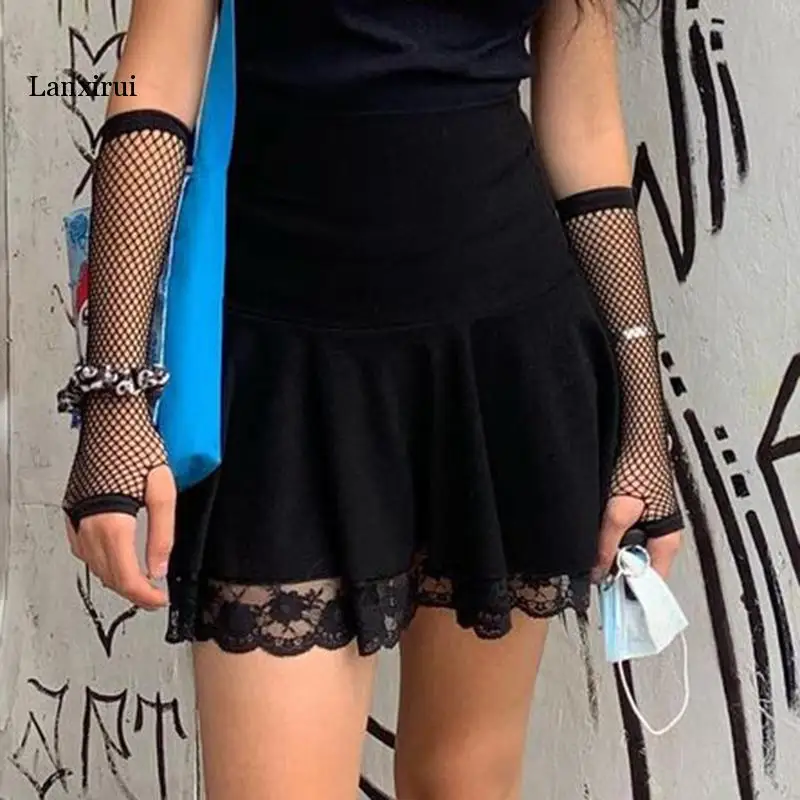 Lace Edge Patched High-Waisted Short Black Pleated Skirt Woman Girl Aesthetic Vintage Mini Skirts Saias Female